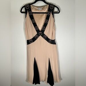Temperley London pale pink black beaded silk v-neck babydoll dress sz 8 Y2K VTG